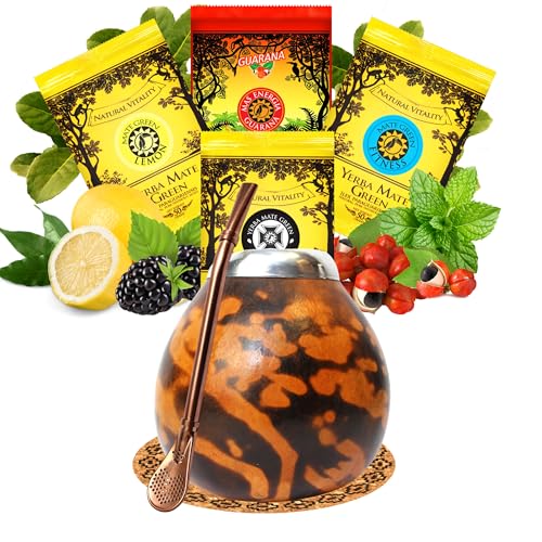 Yerba Mate Tee set mit natürlicher Kalebasse Misterio ● Kürbistasse und Strohhalm Edelstahl Bombilla ● Yerba Mate Green 4x50g ● Mate Gourd Set von Mate Green