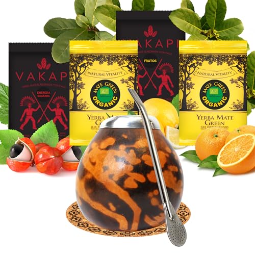 Yerba Mate Tee set mit natürlicher Kalebasse Misterio ● Kürbistasse und Strohhalm Edelstahl Bombilla ● Yerba Mate Green BIO 100g ● Starker Yerba Mate-Tee Vakapi 100g ● Mate Gourd Set von Mate Green