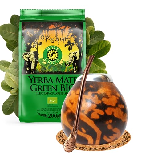 Yerba Mate Tee set mit natürlicher Kalebasse Misterio ● Kürbistasse und Strohhalm Edelstahl Bombilla ● Yerba Mate Green BIO 200 g ● Mate Gourd Set von Mate Green