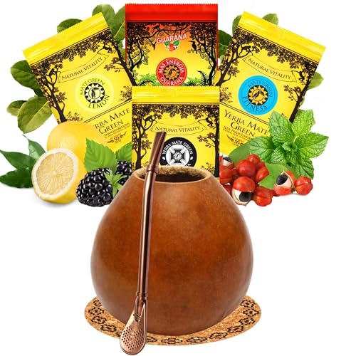 Yerba Mate Tee set mit natürlicher Kalebasse Pumpkin● Kürbistasse und Strohhalm Edelstahl Bombilla ● Yerba Mate Green 4x50g ● Mate Gourd Set von Mate Green