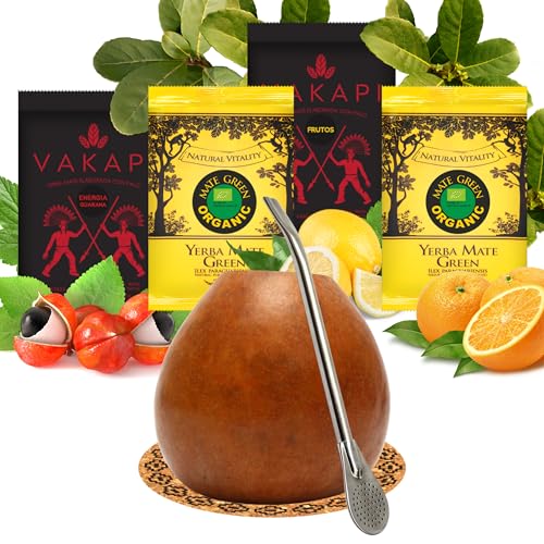 Yerba Mate Tee set mit natürlicher Kalebasse Pumpkin ● Kürbistasse und Strohhalm Edelstahl Bombilla ● Yerba Mate Green BIO 100g ● Starker Yerba Mate-Tee Vakapi 100g ● Mate Gourd Set von Mate Green