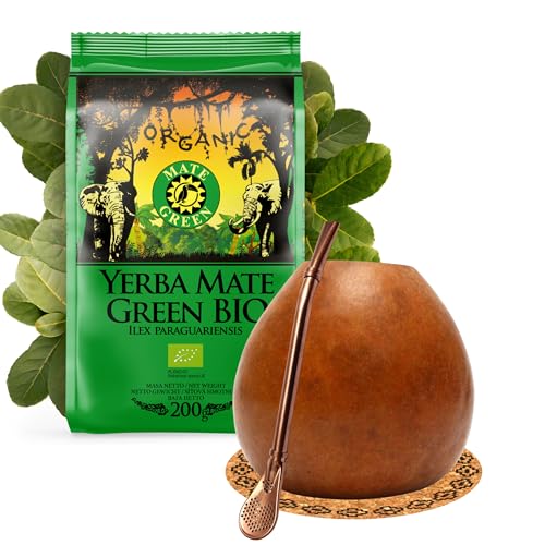 Yerba Mate Tee set mit natürlicher Kalebasse Pumpkin ● Kürbistasse und Strohhalm Edelstahl Bombilla ● Yerba Mate Green BIO 200 g ● Mate Gourd Set von Mate Green