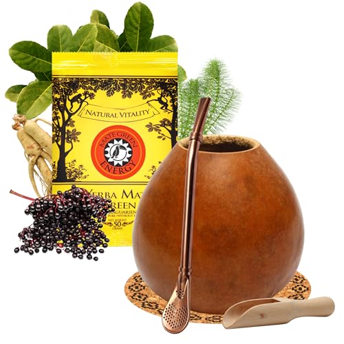 Yerba Mate Tee set mit natürlicher Kalebasse Pumpkin ● Kürbistasse und Strohhalm Edelstahl Bombilla ● Yerba Mate Green Energy 50g ● Mate Gourd Set ● Accessories von Mate Green