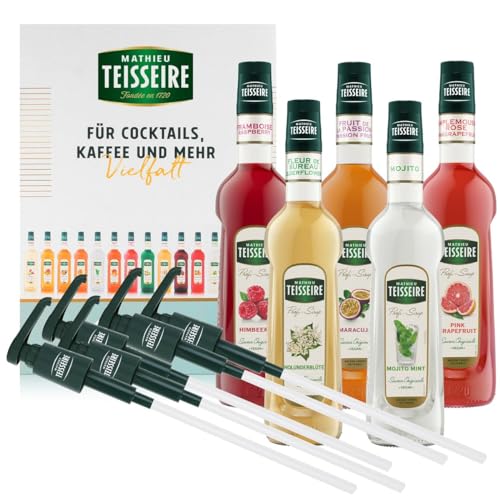 Mathieu Teisseire SET Cocktail 5+5-5 x beliebte Sirupe + 5x Pumpen - Himbeere, Maracuja, Pink Grapefruit, Holunderblüte, Mojito Mint (5x 0,7l) von Mathieu Teisseire