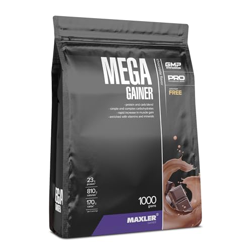 Maxler Mega Gainer - Weight Gainer zum Muskelaufbau - Schokolade - 1000g - Kombination von Eiweiß, Kohnelhydraten, Vitaminen & Mineralien - 10%-Anteil von Molkenprotein - kalorienreicher Shake von Maxler