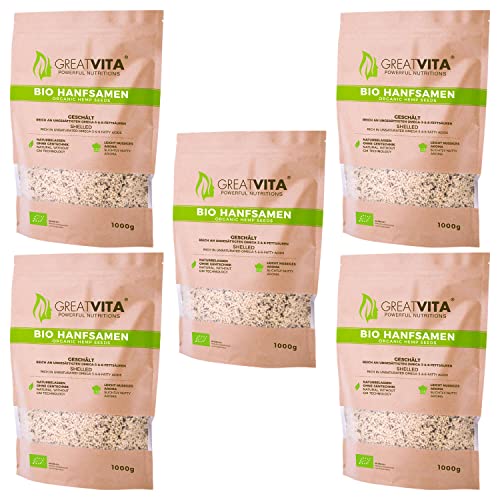 GreatVita Bio Hanfsamen, geschält, (5 x 1000g) natürliches Protein, Eiweiß von Mea Vita