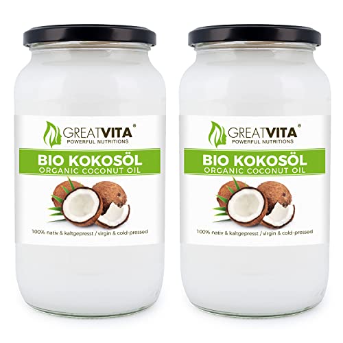 GreatVita Bio Kokosöl, nativ, (2 x 1000 ml) im Glas zum Kochen Braten Backen Hautpflege von Mea Vita