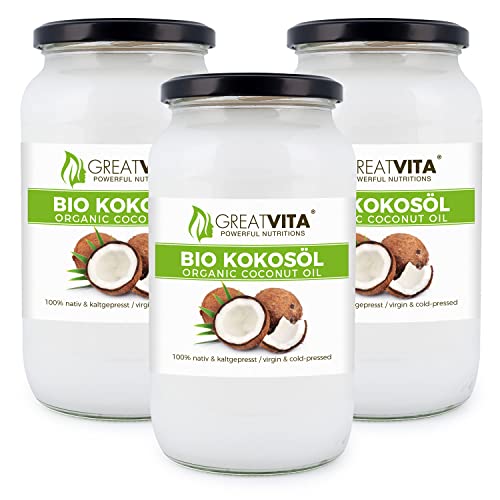 GreatVita Bio Kokosöl, nativ, (3 x 1000 ml) im Glas zum Kochen Braten Backen Hautpflege von Mea Vita