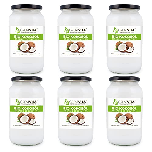 GreatVita Bio Kokosöl, nativ, (6 x 1000 ml) im Glas zum Kochen Braten Backen Hautpflege von Mea Vita