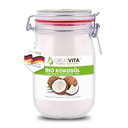 GreatVita Bio Kokosöl, nativ & kaltgepresst, 1000 ml im Bügelglas zum Kochen & Backen von Mea Vita