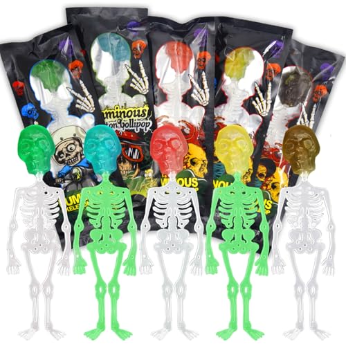 Halloween Süßigkeiten 5 Stück, Halloween Deko Skelette Gruseliges Mitgebsel für Party & Schrecklich Leckere Snacks,Nachtlicht Schädel Lutscher Süssigkeiten Halloween Skelett Streich Lolli Snacks von Meanju