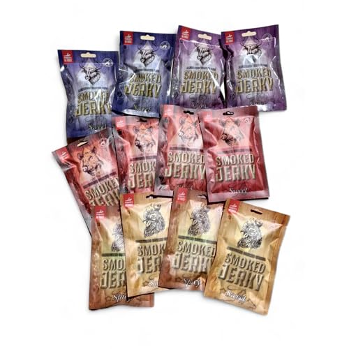 NEW BEER SNACK - Beef, Chicken & Pork Jerky Welcome Set - Trockenfleisch Protein Snack - Hochwertiges Rindfleisch, Hühnerfleisch, Schweinefleisch - Würzig, süßer & pikanter Knabberartikel - 6x2x50 g von NEW BEER SNACK