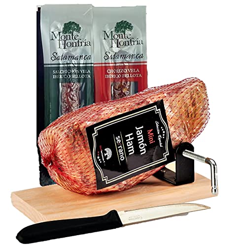 Ohne Knochen Serrano Schinken 1kg - Gepökelt und vakuumverpackt + Stücke Chorizo und Salchichon aus Eichelmast 150 g. Spanisch + Schinkenhalter und Schneidemesser + Ideal für Vorspeisen und Tapas. von Mediterranean Tree