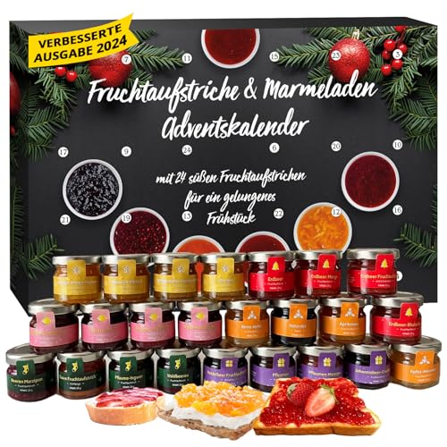 Adventskalender 2024 Marmelade, Frühstücksgläschen Weihnachtskalender mit 24 süßen und ausgefallenen Marmeladen im Glas á 25g, Frühstückskalender für Weihnachten von MeerBach & Rose