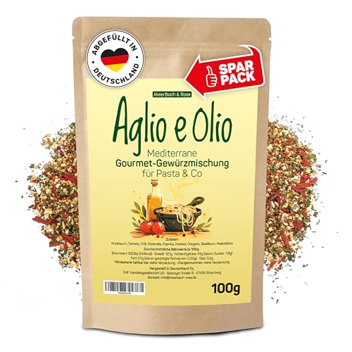 Aglio e Olio 100g, Mediterrane Gourmet Gewürzmischung für Pasta & co, Aglio Olio Peperoncino Gewürz, italienische Gewürzmischung von MeerBach & Rose