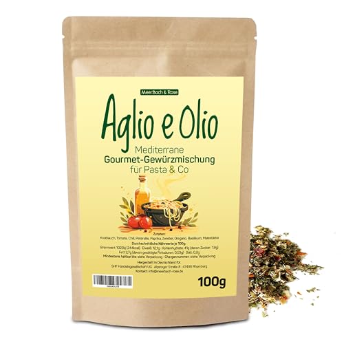 Aglio e Olio 100g, Mediterrane Gourmet Gewürzmischung für Pasta & co, Aglio Olio Peperoncino Gewürz, italienische Gewürzmischung von MeerBach & Rose