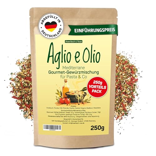 Aglio e Olio 250g, Mediterrane Gourmet Gewürzmischung für Pasta & co, Aglio Olio Peperoncino Gewürz, italienische Gewürzmischung von MeerBach & Rose