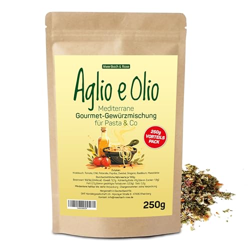 Aglio e Olio 250g, Mediterrane Gourmet Gewürzmischung für Pasta & co, Aglio Olio Peperoncino Gewürz, italienische Gewürzmischung von MeerBach & Rose