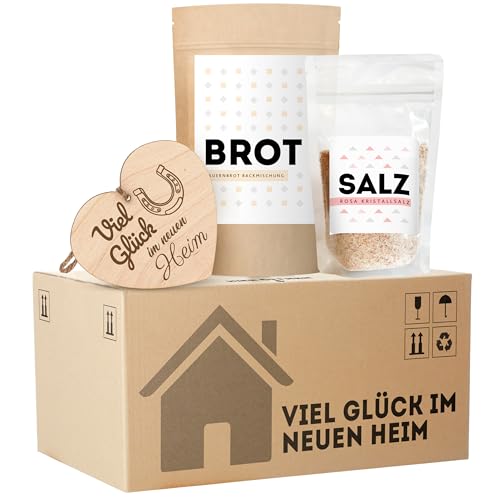 Einweihungsgeschenk für Wohnung und Haus, originelles Brot und Salz Geschenk zum Einzug im mini Umzugskarton, tolles Einzugsgeschenk für Haus und Wohnung, mit Holzherz von MeerBach & Rose