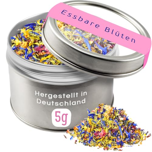 Essbare Blüten, 5g Bunter Blütenmix in der Dose zum Dekorieren und Verfeinern. Mit Rosenblüten, Ringelblumenblüten, Lavendelblüten und Kornblumenblüten. von MeerBach & Rose