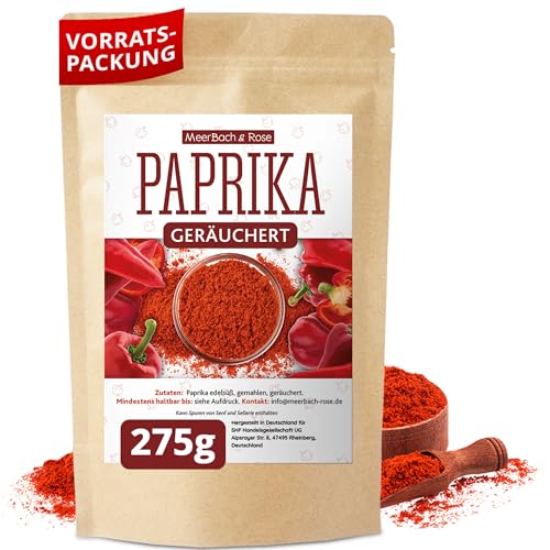 Paprika geräuchert 275g, geräuchertes Paprikapulver süß, Smoked Paprika, Rauchparika würzig und intensiv, in Deutschland abgefüllt von MeerBach & Rose