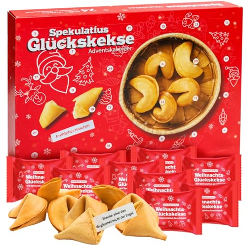 Glückskeks Adventskalender 2024 mit Spekulatius Geschmack, 24 einzeln verpackte Weihnachtsbotschaften im Spekulatius Glückskeks von MeerBach & Rose