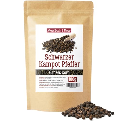 Kampot Pfeffer schwarz 100g, feinster schwarzer Kampot Pfeffer aus Kambodscha, schwarzer Pfeffer, ganze Pfefferkörner für die Pfeffermühle, in Deutschland von Hand abgefüllt von MeerBach & Rose