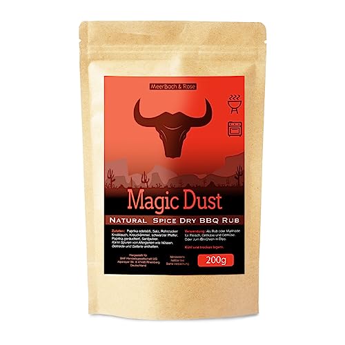 Magic Dust 200g, BBQ-Rub Gewürzmischung zum Grillen, Magic-Rub Grillgewürz als Trocken Rub oder Marinade für Fleisch, Vegetarischem oder Dips, in Deutschland von Hand abgefüllt von MeerBach & Rose