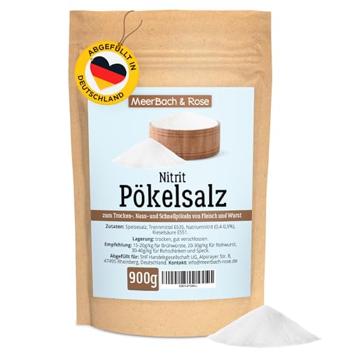 Pökelsalz, 900g Nitritpökelsalz, NPS Salz zur Herstellung von Fleisch- und Wurstwaren, feines Pökelsalz mit einem Natriumnitrit Anteil zwischen 0,4 – 0,5% von MeerBach & Rose