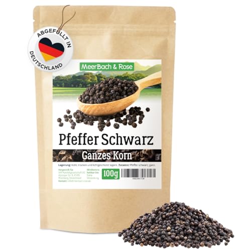 Schwarzer Pfeffer, Gourmet Selection, 100g, ganze Pfefferkörner, perfekt für die Pfeffermühle, vielfältig einsetzbar, handverlesen, in Deutschland von Hand abgefüllt von MeerBach & Rose