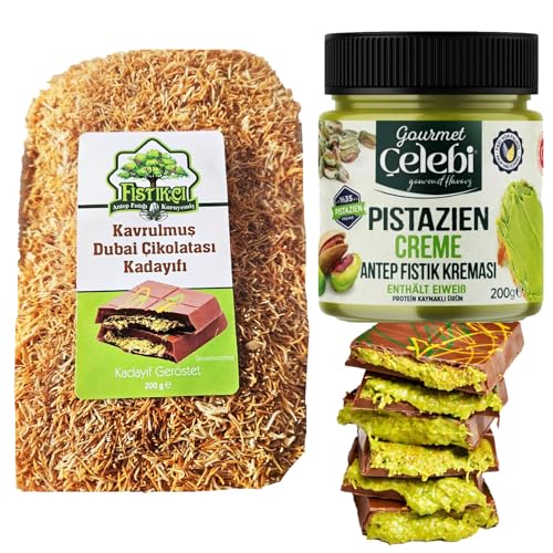 gebrauchsfertig gerösteter Teigfäden Kadayif für Dubai Schokolade Kunafeh, Dubai Cikolata Kadaif, Baklava, Teigfäden Engelshaar teigfaden Kataifi 200g mit Pistazien Creme 200g von Meinbazar