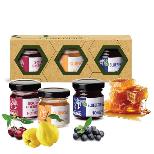 Bio-Honigaufstrich Tasting Set 3x40g – Mit Heidelbeeren, Bereczki-Quitten und Sauerkirschen – Premium-Fruchtaufstriche mit Akazienhonig für Frühstück, Desserts, Smoothies & Snacks – von Melinis von Melinis