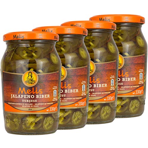 Melis - Jalapenos eingelegt in Salz - Branntweinessiglake (scharf) - Fein geschnittene türkische Delikatesse im 4er Set á 330 g Glas von Melis