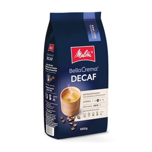 Melitta BellaCrema Decaf Ganze Kaffee-Bohnen entkoffeiniert 1kg, ungemahlen, Kaffeebohnen für Kaffee-Vollautomat, koffeinfrei, milde Röstung, geröstet in Deutschland, Stärke 3 von Melitta