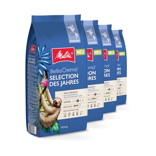 Melitta BellaCrema Selection des Jahres Ganze Kaffee-Bohnen 4 x 1kg, ungemahlen, Kaffeebohnen für Kaffee-Vollautomat, mittlere Röstung, geröstet in Deutschland, Stärke 3, im Tray von Melitta