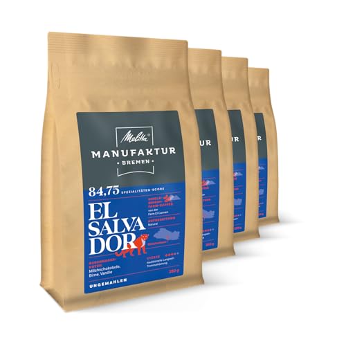 Melitta Manufaktur-Kaffee El Salvador, Spezialitäten-Kaffee, 4 x 250g, gemahlen, Single-Origin-Farm-Kaffee, sanfte Trommelröstung, geröstet in Deutschland, Stärke 3,5, im Tray von Melitta