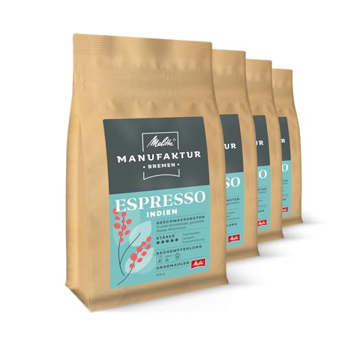 Melitta Manufaktur-Kaffee Espresso Spezialitäten-Kaffee, 4 x 500g, ganze Kaffee-Bohnen, ungemahlen, Single-Origin-Farm-Kaffee aus Indien, geröstet in Deutschland, Stärke 5, im Tray von Melitta