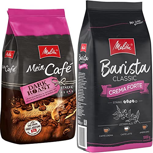 Melitta Mein Café Dark Roast, Ganze Kaffeebohnen, Stärke 4, 1kg & Barista Crema Forte, Ganze Kaffeebohnen, Stärke 4, 1kg von Melitta
