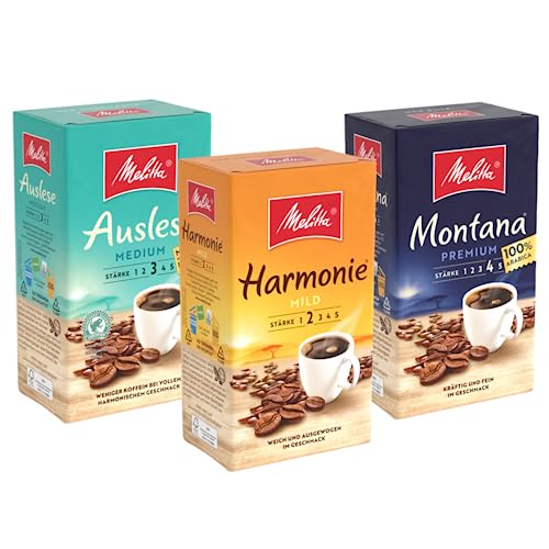 Melitta Probierpaket Filter-Kaffee 3 x 500g, gemahlen, Pulver für Filterkaffeemaschinen, sanfte und starke Röstung, geröstet in Deutschland von Melitta