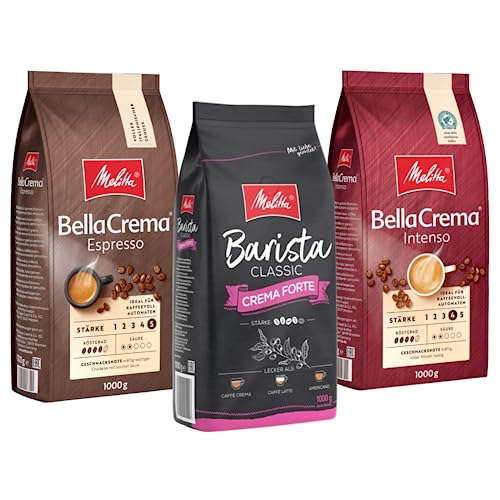 Melitta Probierpaket Unsere Kräftigen BellaCrema Espresso Intenso Barista Crema Forte Ganze Kaffee-Bohnen 3 x 1kg, ungemahlen, Kaffeebohnen für Kaffee-Vollautomat, geröstet in Deutschland von Melitta