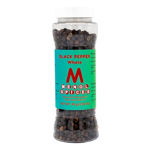 Menol Spices Ganze schwarze Pfefferkörner - 80g in Streuerflasche - Gourmetqualität von Menol Spices