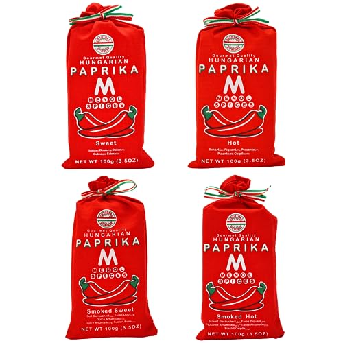 Menol Spices Authentischer Ungarische Paprikapulver (Abwechslungsreiche Packung mit 4 x100g) Spitzenqualität für Feinschmecker, Hergestellt in der Gegend von Szeged, Ungarn, Leuchtend paprika rot von Menol Spices