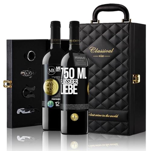 «750 ml flüssiger Liebe» Flaschenpost. Geschenk-Luxus-Aktentasche 2x Premium Rotwein Reserve 12 Monate und Set mit 4 Accessoires. Etikett Schwarz ANPASSBAR von Mensaje en una Botella