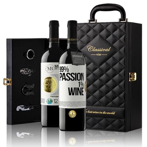 «99% passion, 1% wine» Flaschenpost. Geschenk-Luxus-Aktentasche 2x Premium Rotwein Reserve 12 Monate und Set mit 4 Accessoires. Etikett Weiß ANPASSBAR von Mensaje en una Botella