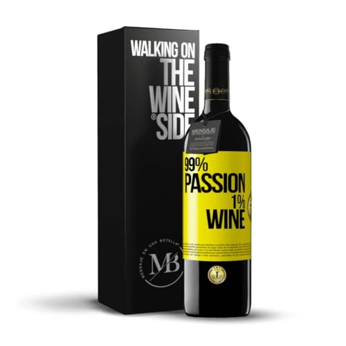 «99% passion, 1% wine» Flaschenpost. Premium Rotwein Reserve 12 Monate + Gift Box. Etikett Gelb ANPASSBAR von Mensaje en una Botella