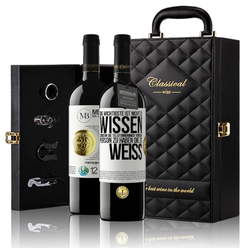 «Das Wichtigste ist nicht zu wissen sondern die Telefonnummer von...» Flaschenpost. Geschenk-Luxus-Aktentasche 2x Premium Rotwein Reserve 12 Monate und Set mit 4 Accessoires. Etikett Weiß ANPASSBAR von Mensaje en una Botella