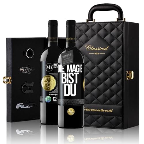 «Die Magie bist du» Flaschenpost. Geschenk-Luxus-Aktentasche 2x Premium Rotwein Reserve 12 Monate und Set mit 4 Accessoires. Etikett Schwarz ANPASSBAR von Mensaje en una Botella