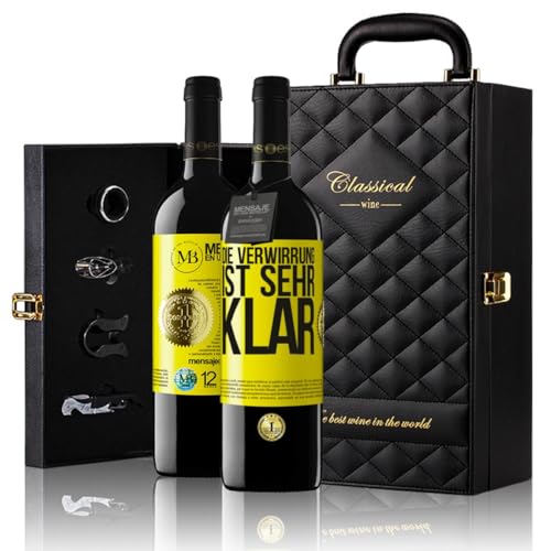 «Die Verwirrung ist sehr klar» Flaschenpost. Geschenk-Luxus-Aktentasche 2x Premium Rotwein Reserve 12 Monate und Set mit 4 Accessoires. Etikett Gelb ANPASSBAR von Mensaje en una Botella