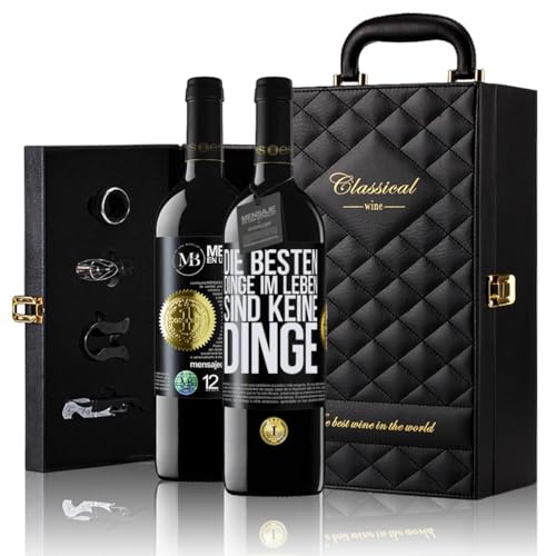 «Die besten Dinge im Leben sind keine Dinge» Flaschenpost. Geschenk-Luxus-Aktentasche 2x Premium Rotwein Reserve 12 Monate und Set mit 4 Accessoires. Etikett Schwarz ANPASSBAR von Mensaje en una Botella