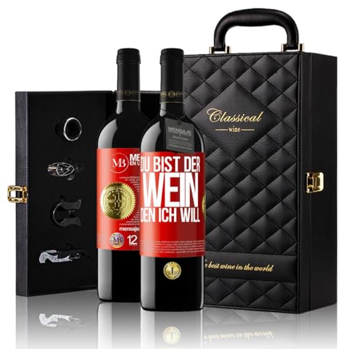 «Du bist der Wein den ich will» Flaschenpost. Geschenk-Luxus-Aktentasche 2x Premium Rotwein Reserve 12 Monate und Set mit 4 Accessoires. Etikett Rot ANPASSBAR von Mensaje en una Botella